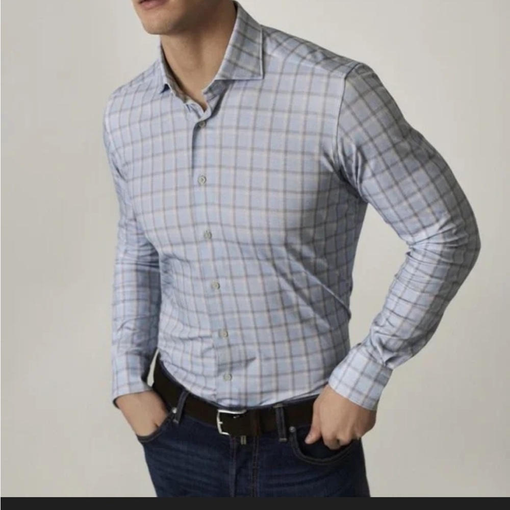 Emanuel Berg Men's Byron Modern Fit Light Blue Plaid 4Flex Jersey Size L